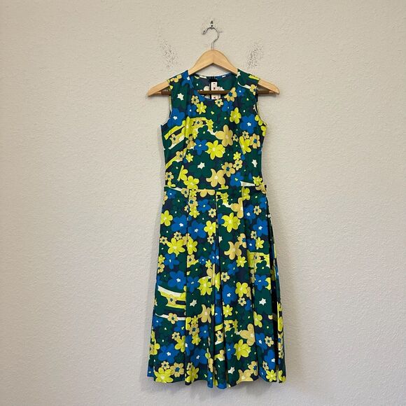 NWOT MARNI Pleated Floral Print Cotton Poplin Midi Dress in Multi